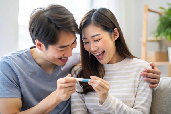 Happy Asian Couple Celebrating Positive Pregnancy Test Results at Home – A Heartwarming Moment of Love and Bonding